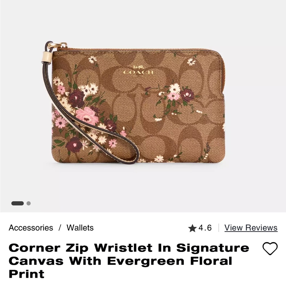 Corner zip wristlet in signature canvas with evergreen floral print